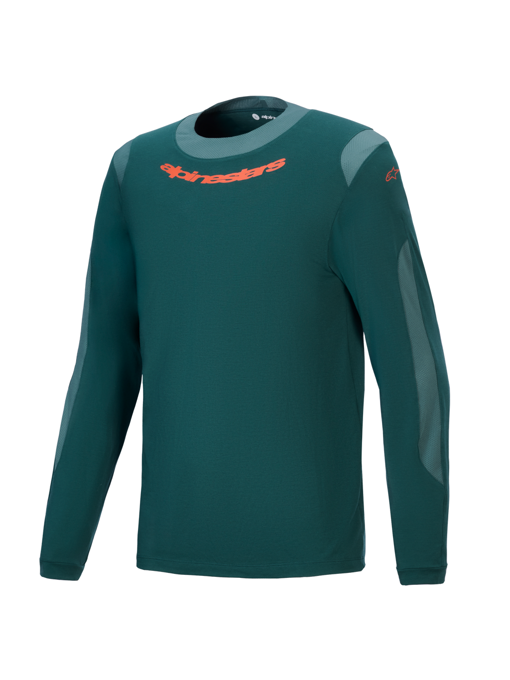 Alpinestars A-Dura Dri Wool långärmad tröja, mörkgrön, högpresterande mountainbiketröja med orange logotyp på bröstet, ljusgrå meshpaneler och rund hals