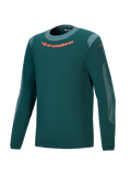Alpinestars A-Dura Dri Wool långärmad tröja, mörkgrön, högpresterande mountainbiketröja med orange logotyp på bröstet, ljusgrå meshpaneler och rund hals