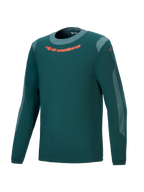 Alpinestars A-Dura Dri Wool långärmad tröja, mörkgrön, högpresterande mountainbiketröja med orange logotyp på bröstet, ljusgrå meshpaneler och rund hals