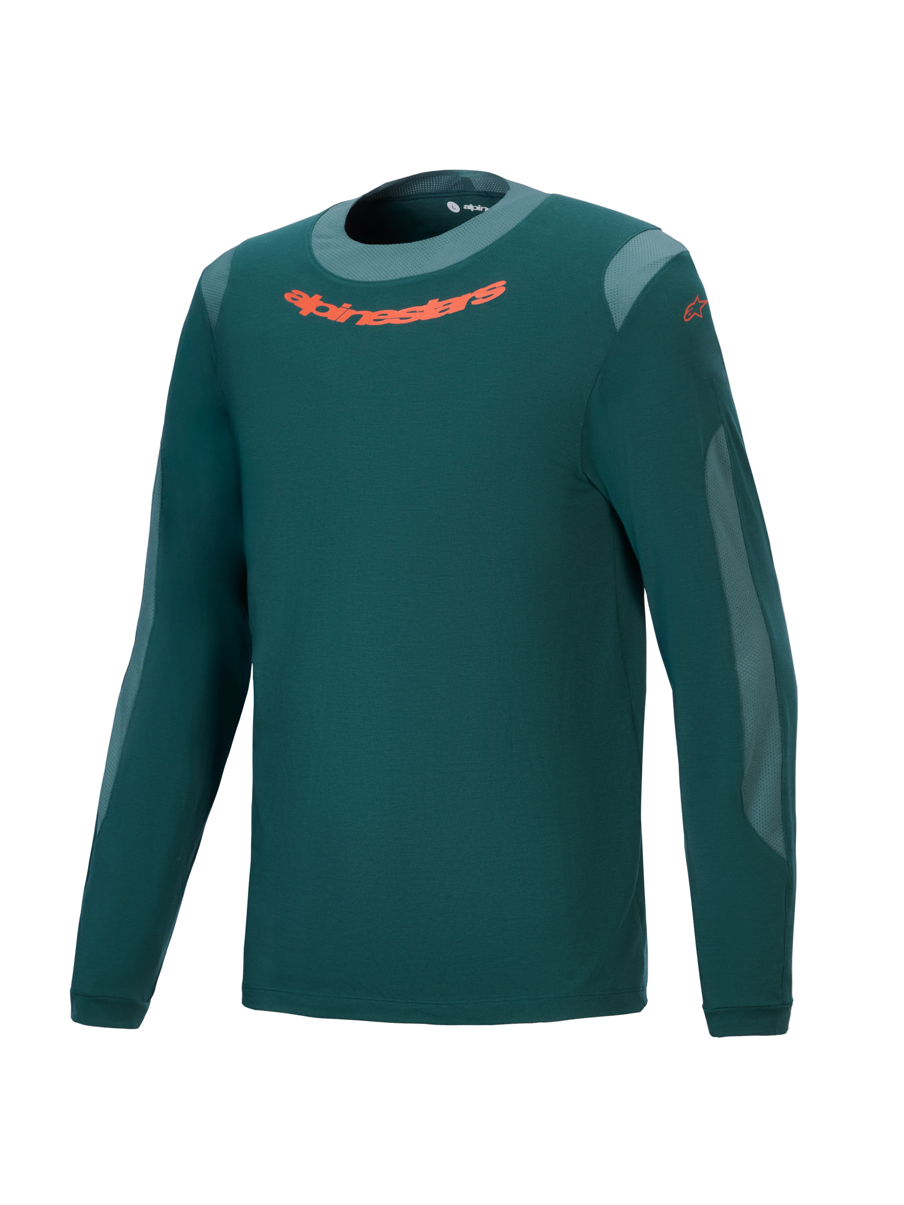 Alpinestars A-Dura Dri Wool långärmad tröja, mörkgrön, högpresterande mountainbiketröja med orange logotyp på bröstet, ljusgrå meshpaneler och rund hals
