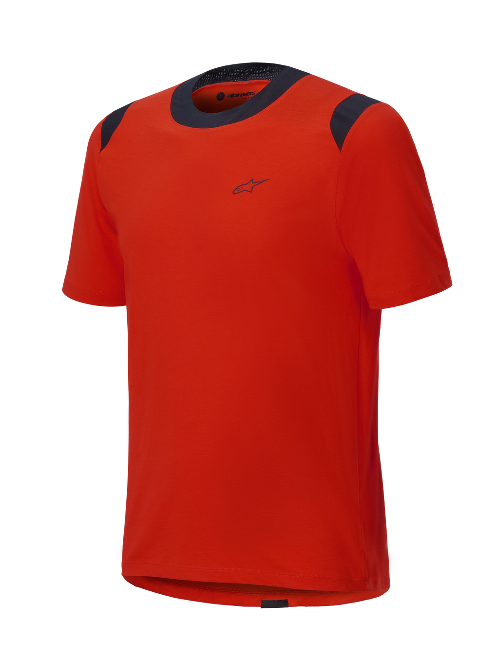 Alpinestars A-Dura Dri Wool kortärmad tröja, Spicy Orange med svarta meshpaneler på kragen och axlarna, minimalistisk design med en liten logotyp på bröstet, tekniska mountainbike-kläder