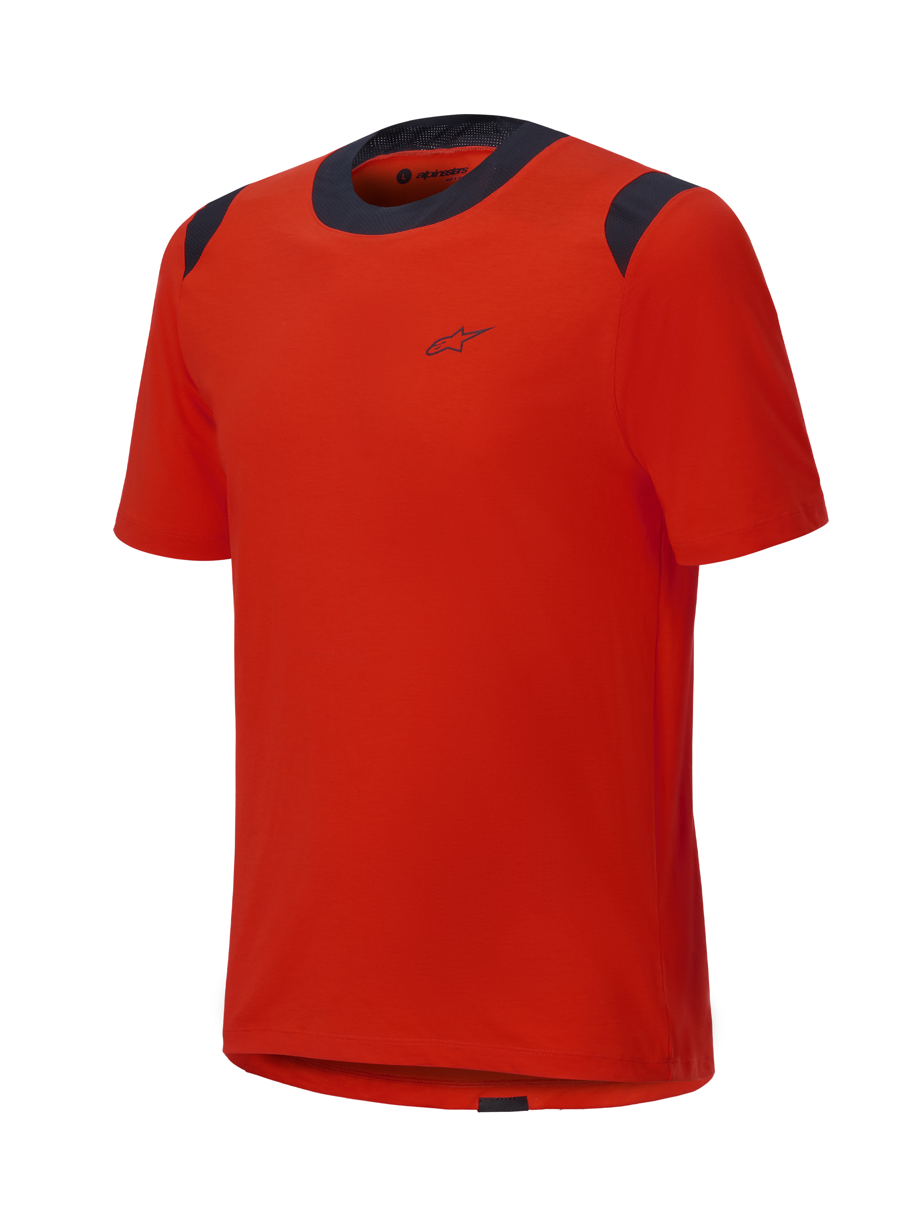 Alpinestars A-Dura Dri Wool kortärmad tröja, Spicy Orange med svarta meshpaneler på kragen och axlarna, minimalistisk design med en liten logotyp på bröstet, tekniska mountainbike-kläder
