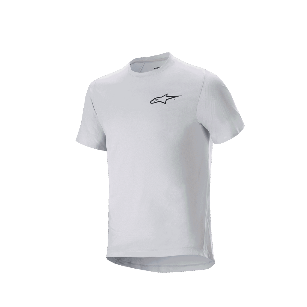 Alpinestars A-Aria Astar tröja, kortärmad cykeltröja, White Dove, med en liten svart Alpinestars-logotyp på bröstet, prestandapassform med förlängt bakstycke för MTB-cykling