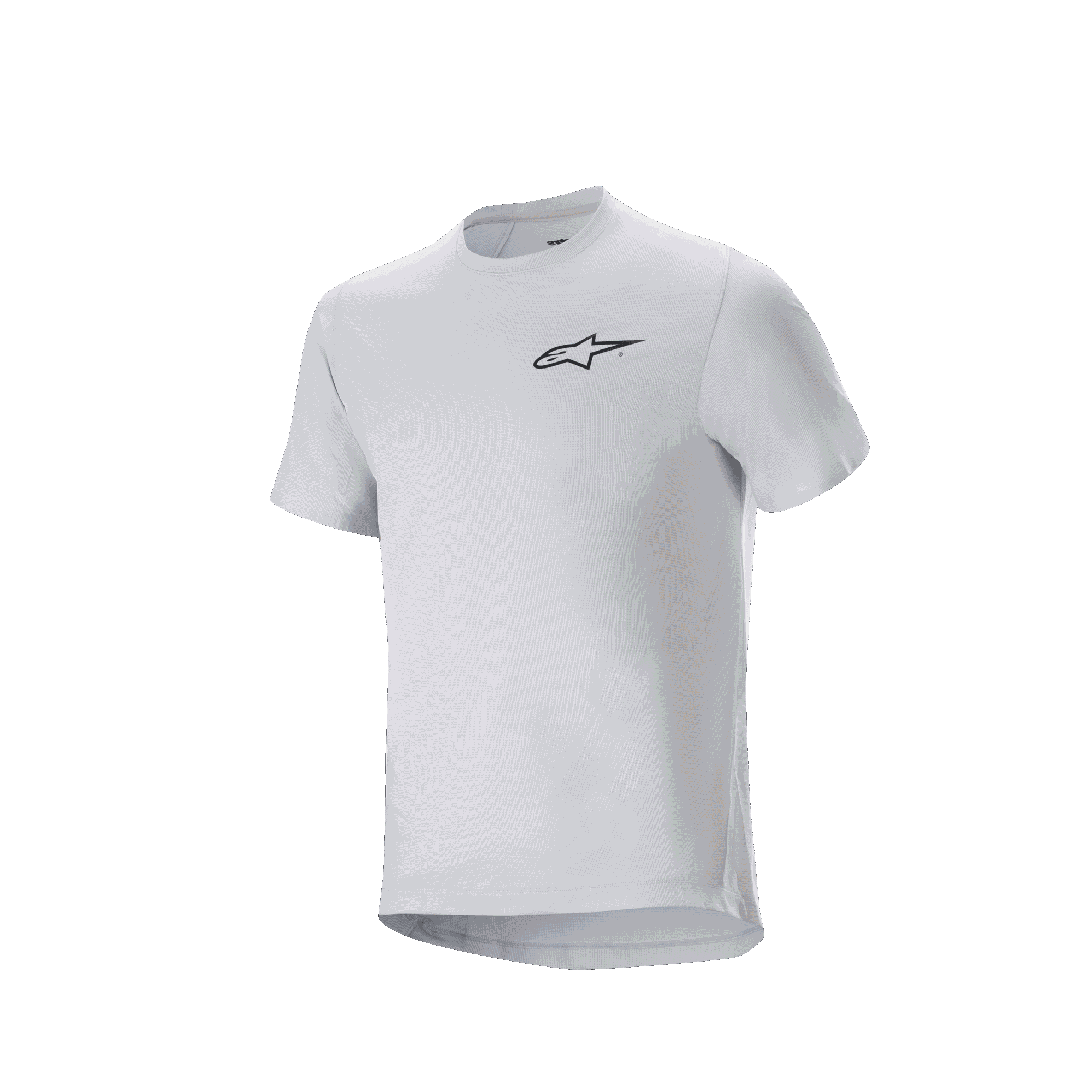 Alpinestars A-Aria Astar tröja, kortärmad cykeltröja, White Dove, med en liten svart Alpinestars-logotyp på bröstet, prestandapassform med förlängt bakstycke för MTB-cykling