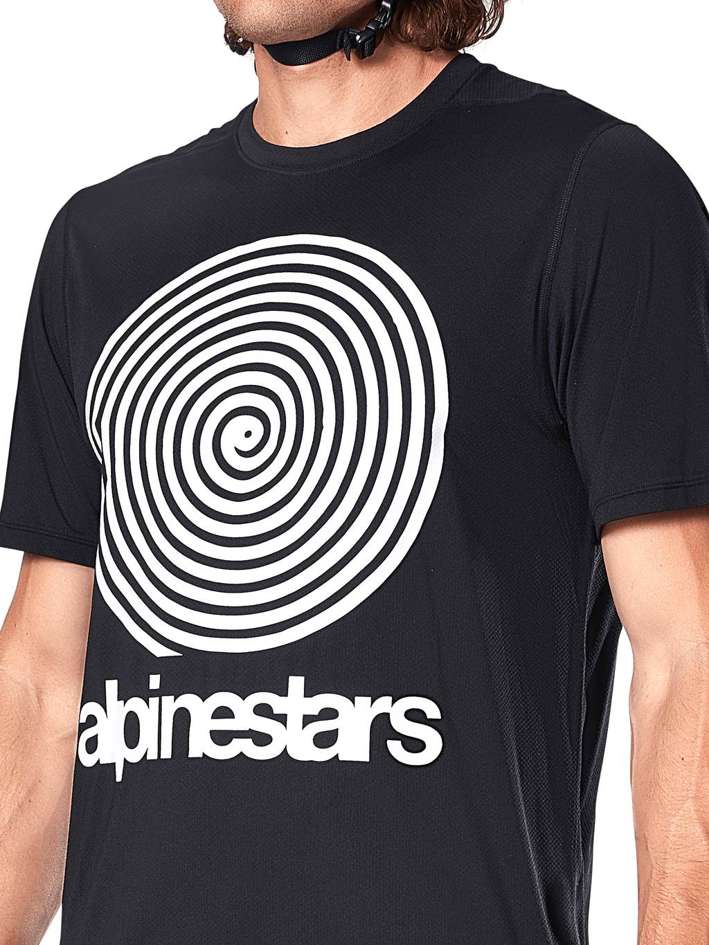 Alpinestars A-Dura Oscar-tröja, kortärmad MTB-tröja, svart, med en stor vit vintage Oscar-spiralgrafik och Alpinestars logotyp på bröstet, högpresterande cykelkläder