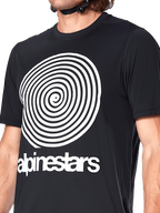 Alpinestars A-Dura Oscar-tröja, kortärmad MTB-tröja, svart, med en stor vit vintage Oscar-spiralgrafik och Alpinestars logotyp på bröstet, högpresterande cykelkläder