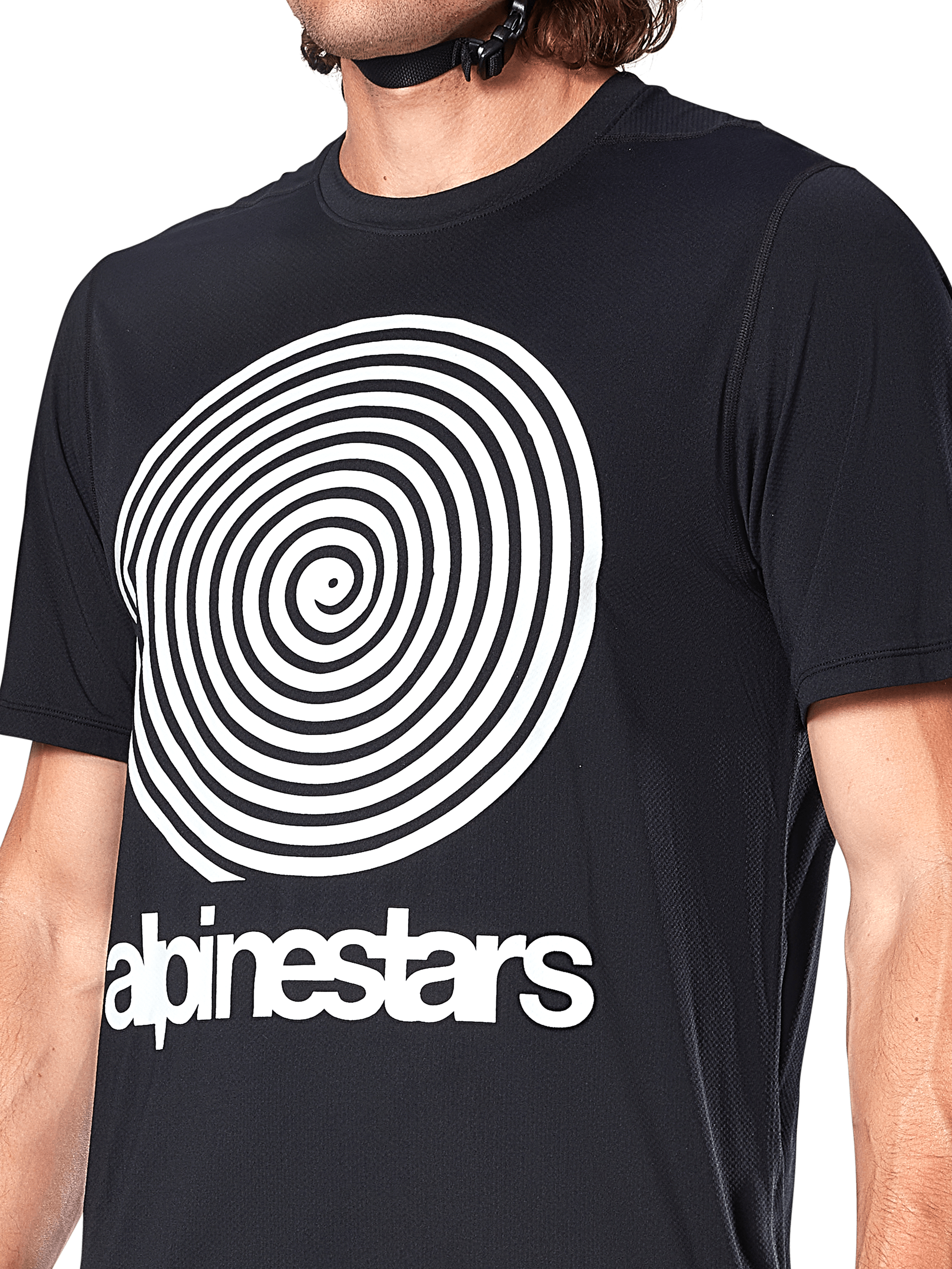 Alpinestars A-Dura Oscar-tröja, kortärmad MTB-tröja, svart, med en stor vit vintage Oscar-spiralgrafik och Alpinestars logotyp på bröstet, högpresterande cykelkläder