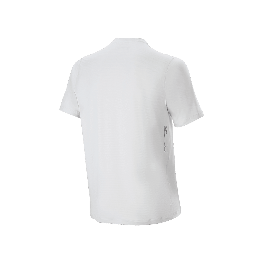 Alpinestars A-Dura Oscar-tröja – kortärmad, cykeltröja, White Dove, vy bakifrån, minimalistisk vit design med liten vertikal logotyp på nedre högra ryggen, funktionell mountainbike-utrustning