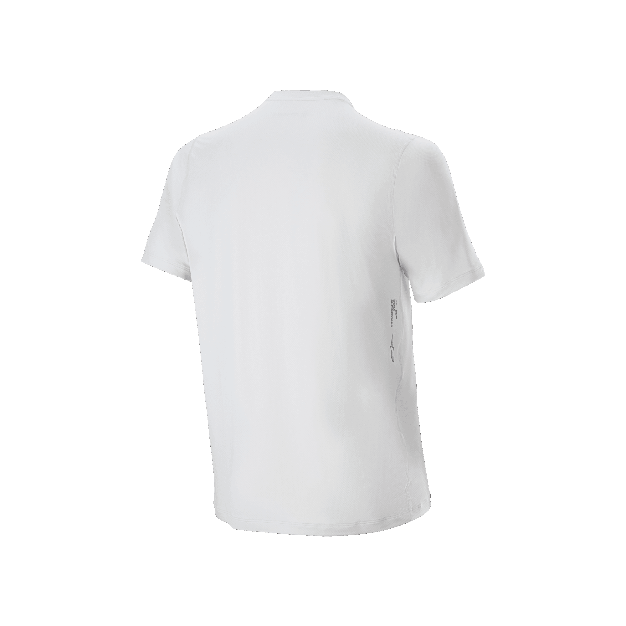 Alpinestars A-Dura Oscar-tröja – kortärmad, cykeltröja, White Dove, vy bakifrån, minimalistisk vit design med liten vertikal logotyp på nedre högra ryggen, funktionell mountainbike-utrustning