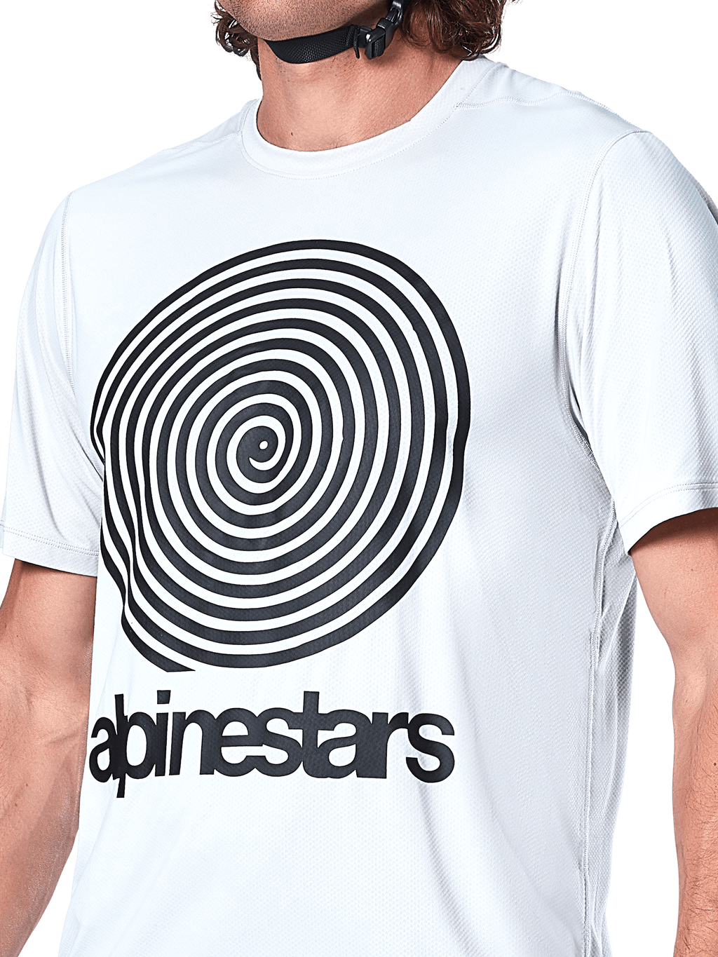 Alpinestars A-Dura Oscar tröja, kortärmad MTB-tröja, vit (White Dove) med stor svart spiralformad Oscar-grafik på bröstet, screentryckt Alpinestars-logotyp, jacquardstickad struktur, funktionella cykelkläder