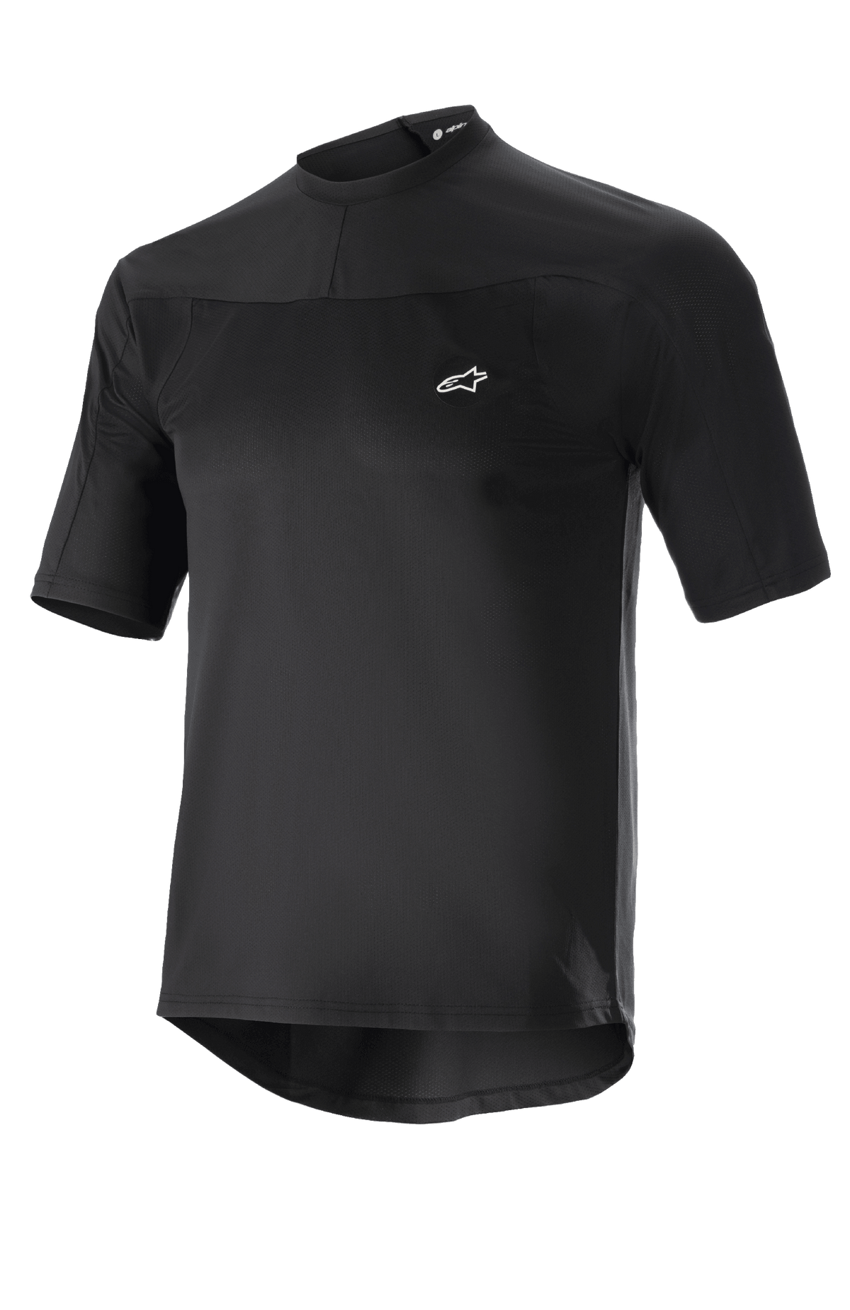 Alpinestars Drop Meta tröja, kortärmad MTB-cykeltröja, svart, lätt meshtyg, liten vit logotyp på bröstet, rund krage, förlängt bakstycke för extra ryggtäckning