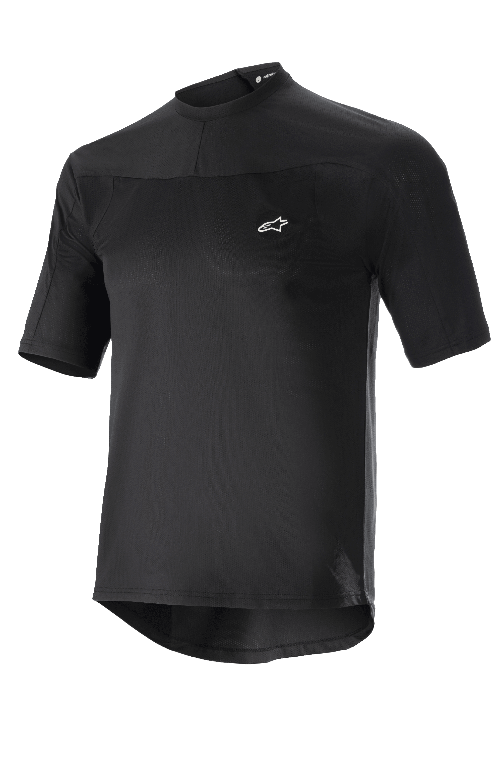 Alpinestars Drop Meta tröja, kortärmad MTB-cykeltröja, svart, lätt meshtyg, liten vit logotyp på bröstet, rund krage, förlängt bakstycke för extra ryggtäckning