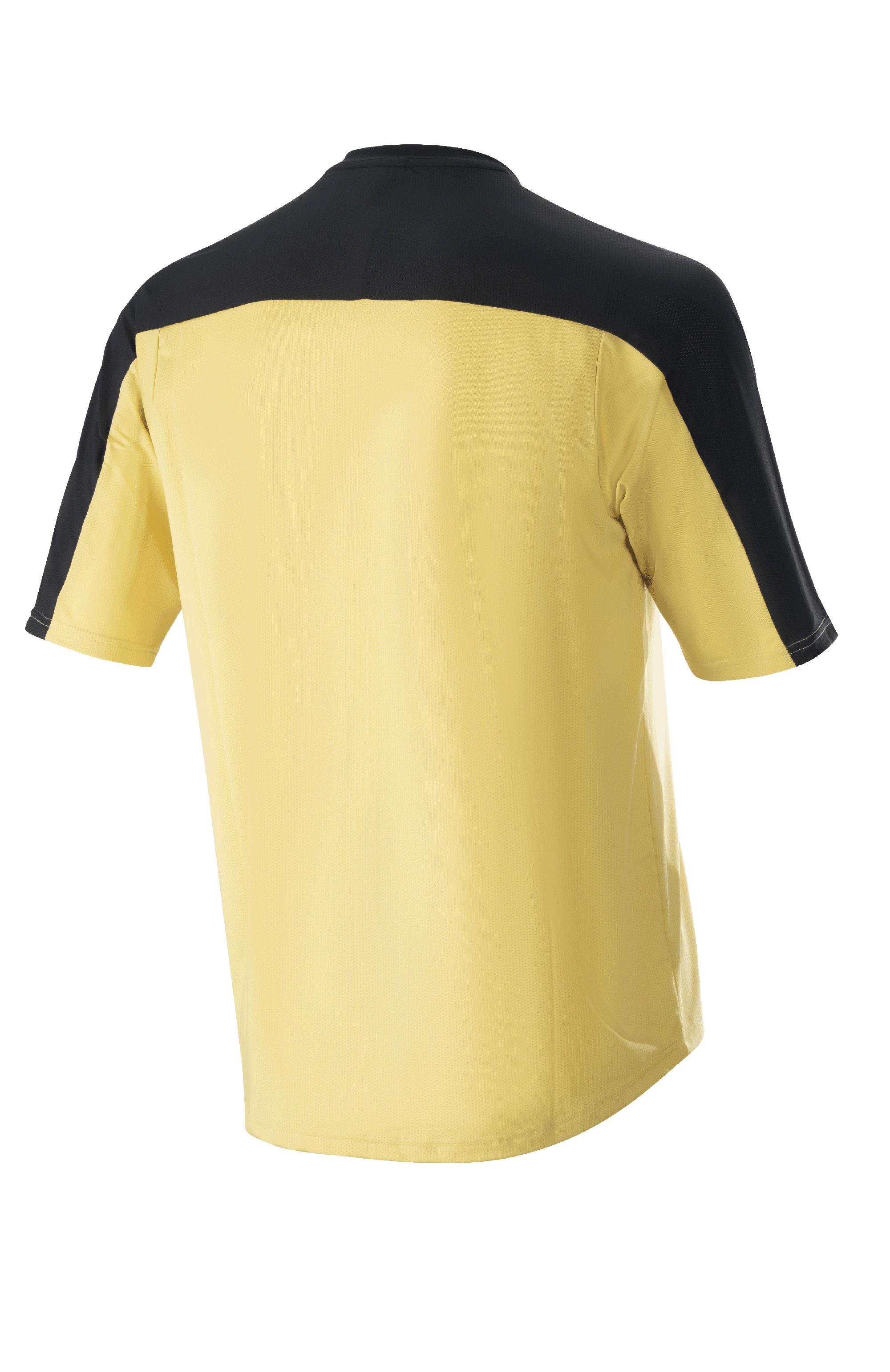Alpinestars Drop Meta Jersey - kortärmad, MTB-tröja, guld med svart axelok och ärmpaneler, vy bakifrån, förlängt bakstycke för extra täckning, lättviktigt mesh-material.