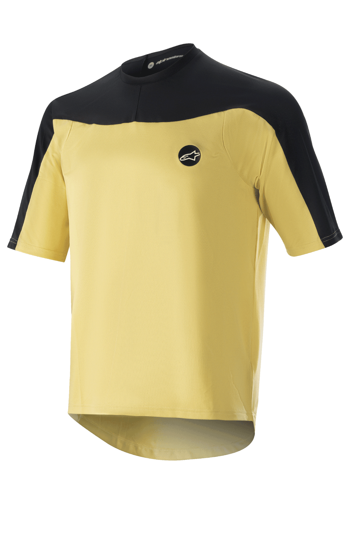 Alpinestars Drop Meta Jersey - kortärmad, MTB-cykeltröja, guld och svart, meshkonstruktion med färgblockerade axlar, cirkulär logotyp på bröstet och förlängd bakdel