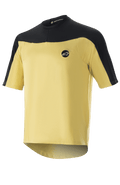 Alpinestars Drop Meta Jersey - kortärmad, MTB-cykeltröja, guld och svart, meshkonstruktion med färgblockerade axlar, cirkulär logotyp på bröstet och förlängd bakdel