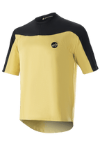 Alpinestars Drop Meta Jersey - kortärmad, MTB-cykeltröja, guld och svart, meshkonstruktion med färgblockerade axlar, cirkulär logotyp på bröstet och förlängd bakdel