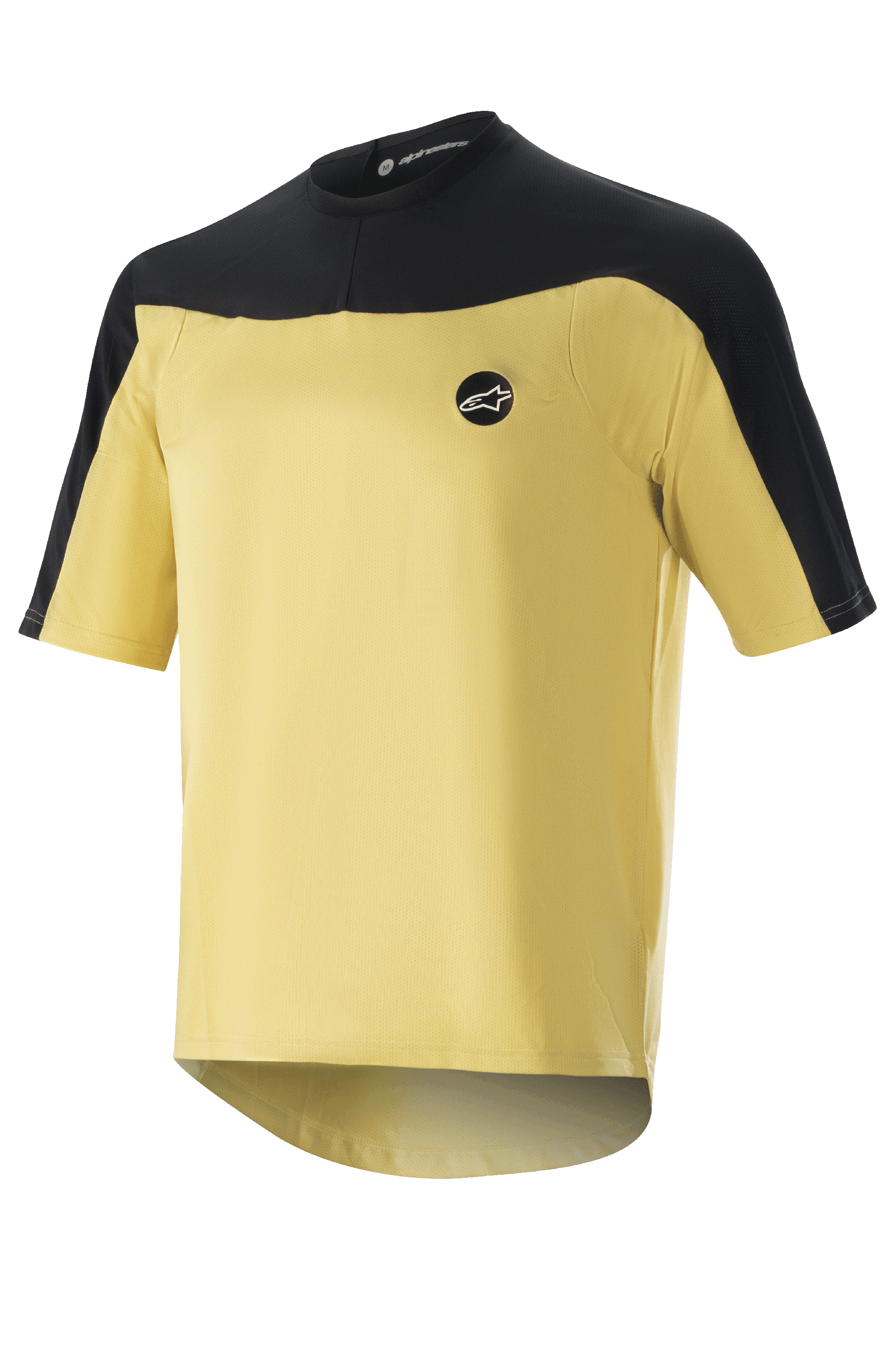 Alpinestars Drop Meta Jersey - kortärmad, MTB-cykeltröja, guld och svart, meshkonstruktion med färgblockerade axlar, cirkulär logotyp på bröstet och förlängd bakdel