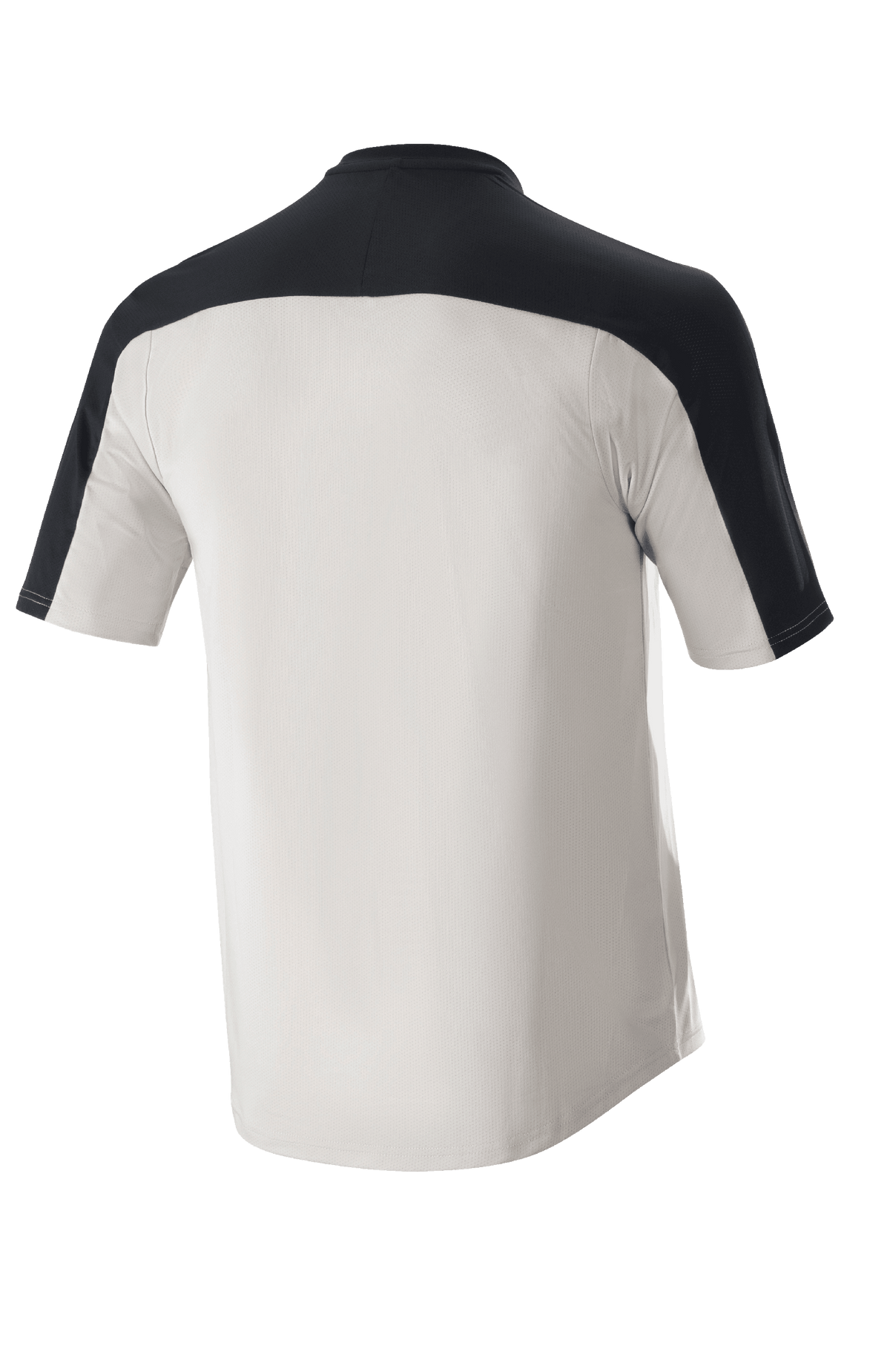 Alpinestars Drop Meta Jersey - kortärmad, MTB-tröja, ljusgrå och svart, baksida med svart axelok och förlängt ryggparti, ventilerande meshkonstruktion för terrängcykling