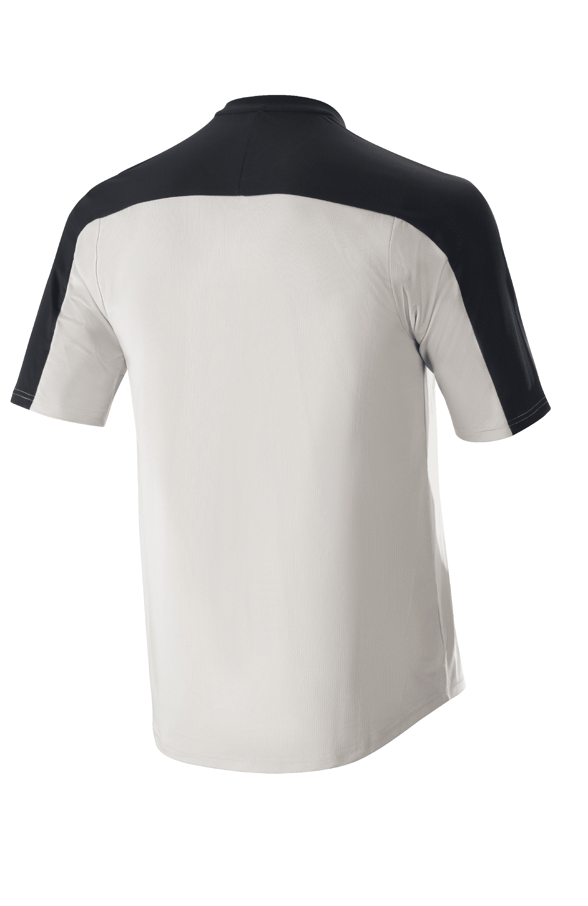 Alpinestars Drop Meta Jersey - kortärmad, MTB-tröja, ljusgrå och svart, baksida med svart axelok och förlängt ryggparti, ventilerande meshkonstruktion för terrängcykling