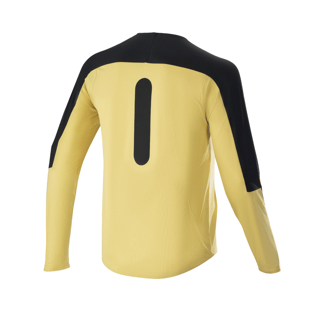 Alpinestars Drop Meta Jersey - långärmad, mountainbiketröja, guld och svart, baksida som visar svarta axelpaneler och vertikal grafik, lätt meshtyg med förlängt ryggslut för MTB-trailcykling
