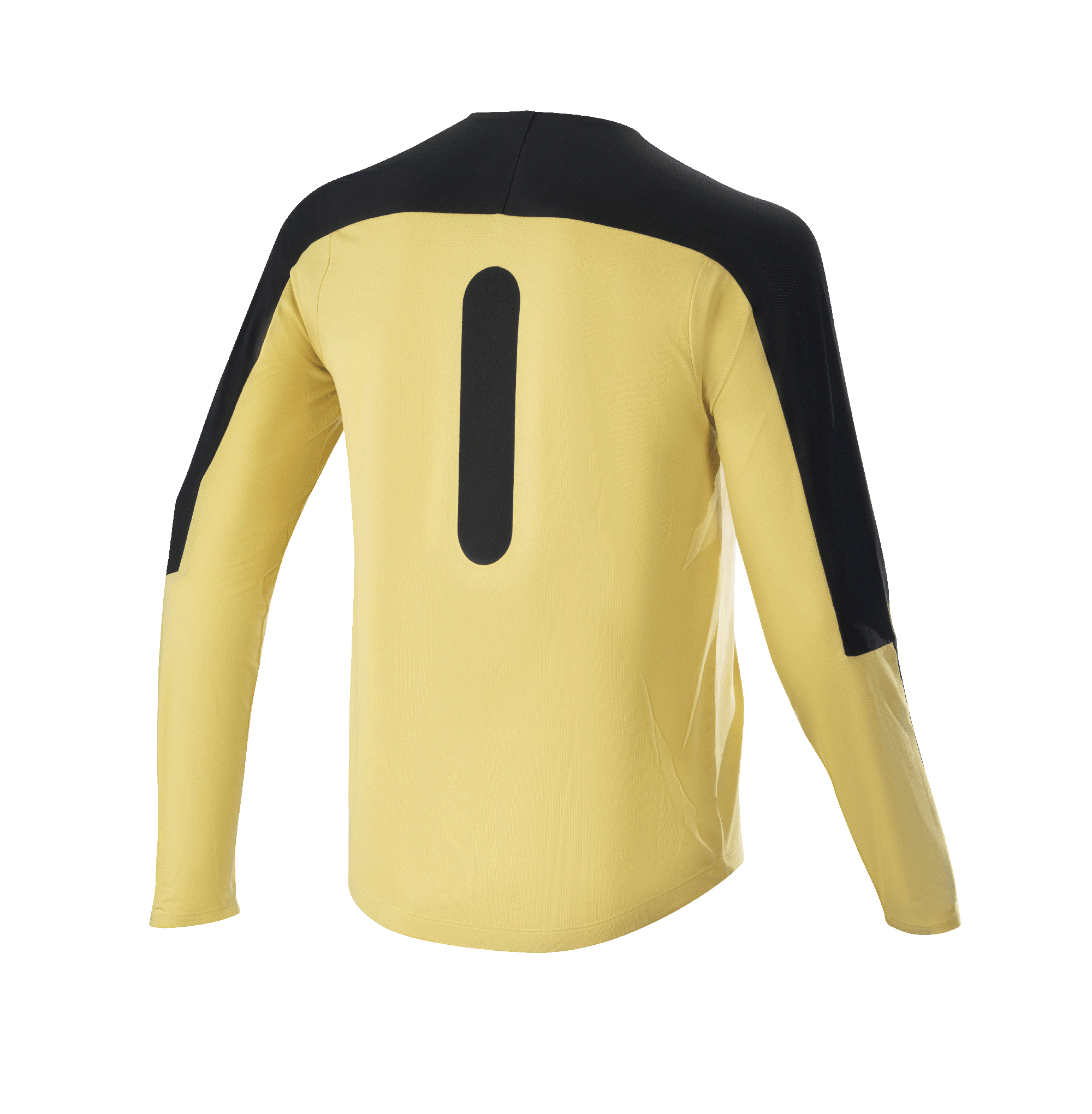 Alpinestars Drop Meta Jersey - långärmad, mountainbiketröja, guld och svart, baksida som visar svarta axelpaneler och vertikal grafik, lätt meshtyg med förlängt ryggslut för MTB-trailcykling