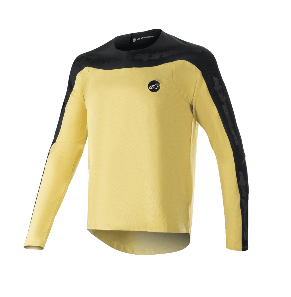 Alpinestars Drop Meta långärmad tröja, MTB-tröja, guld och svart, svart axelok och yttre ärmpaneler, liten rund logotyp på bröstet, lätt mesh-material med god andningsförmåga, förlängt ryggslut
