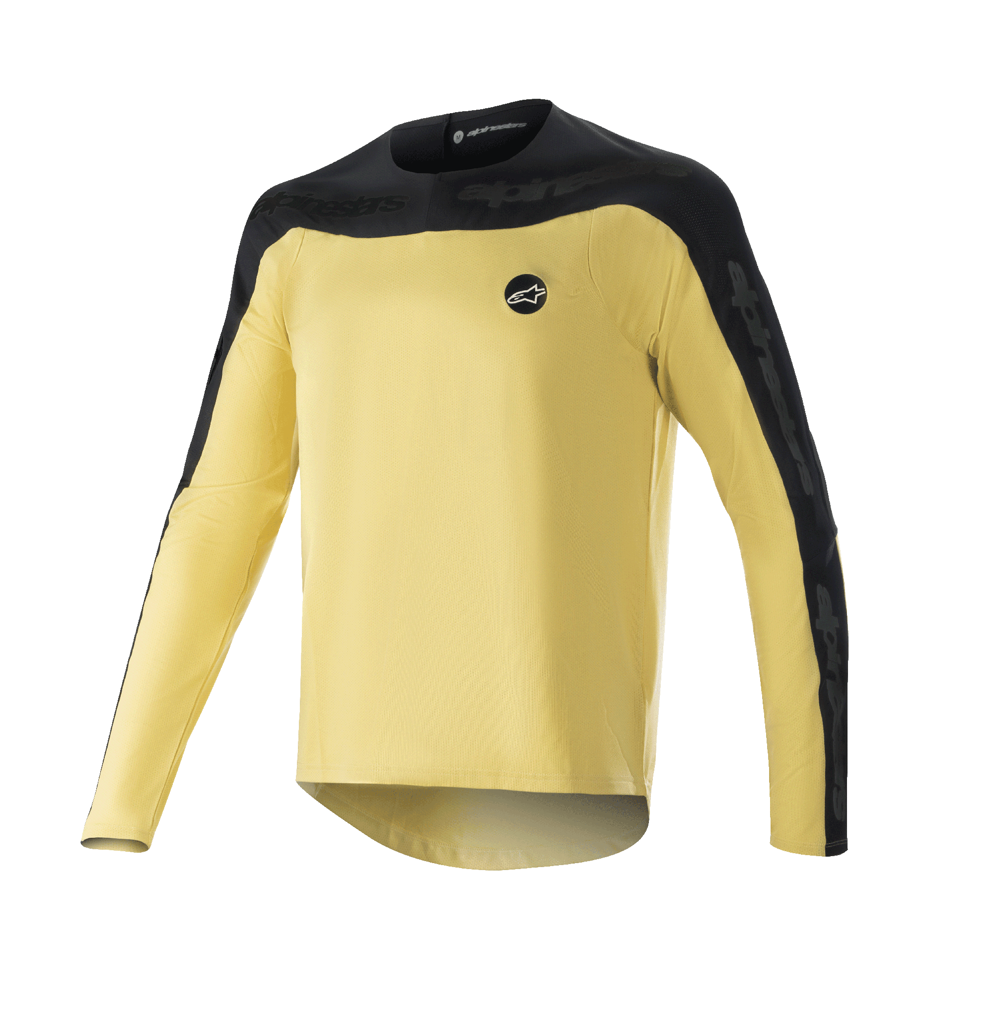 Alpinestars Drop Meta långärmad tröja, MTB-tröja, guld och svart, svart axelok och yttre ärmpaneler, liten rund logotyp på bröstet, lätt mesh-material med god andningsförmåga, förlängt ryggslut
