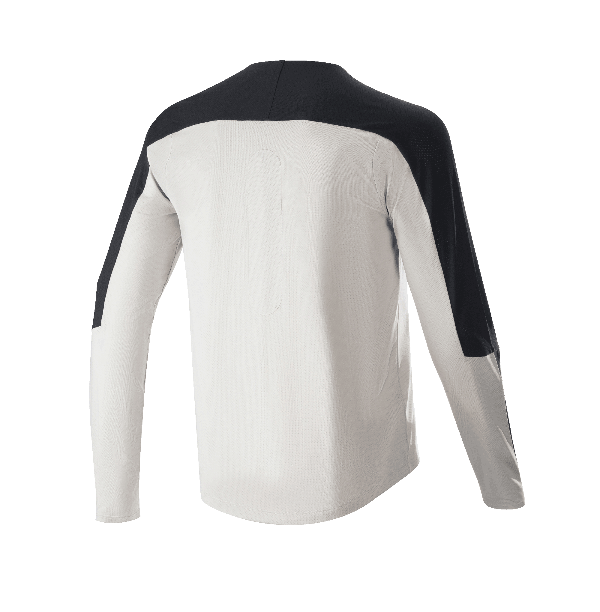 Alpinestars Drop Meta-tröja - långärmad, MTB-tröja, ljusgrå med svarta detaljer på axlar och ärmar, vy bakifrån som visar förlängd rygg, ventilerande meshmaterial för terrängcykling