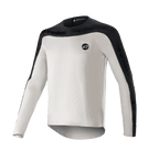 Alpinestars Drop Meta långärmad tröja, MTB-tröja, ljusgrå och svart, med svart axelok och yttre ärmpaneler med textlogotyp, förlängd nederkant baktill för täckning och rund logotyp på vänster bröst