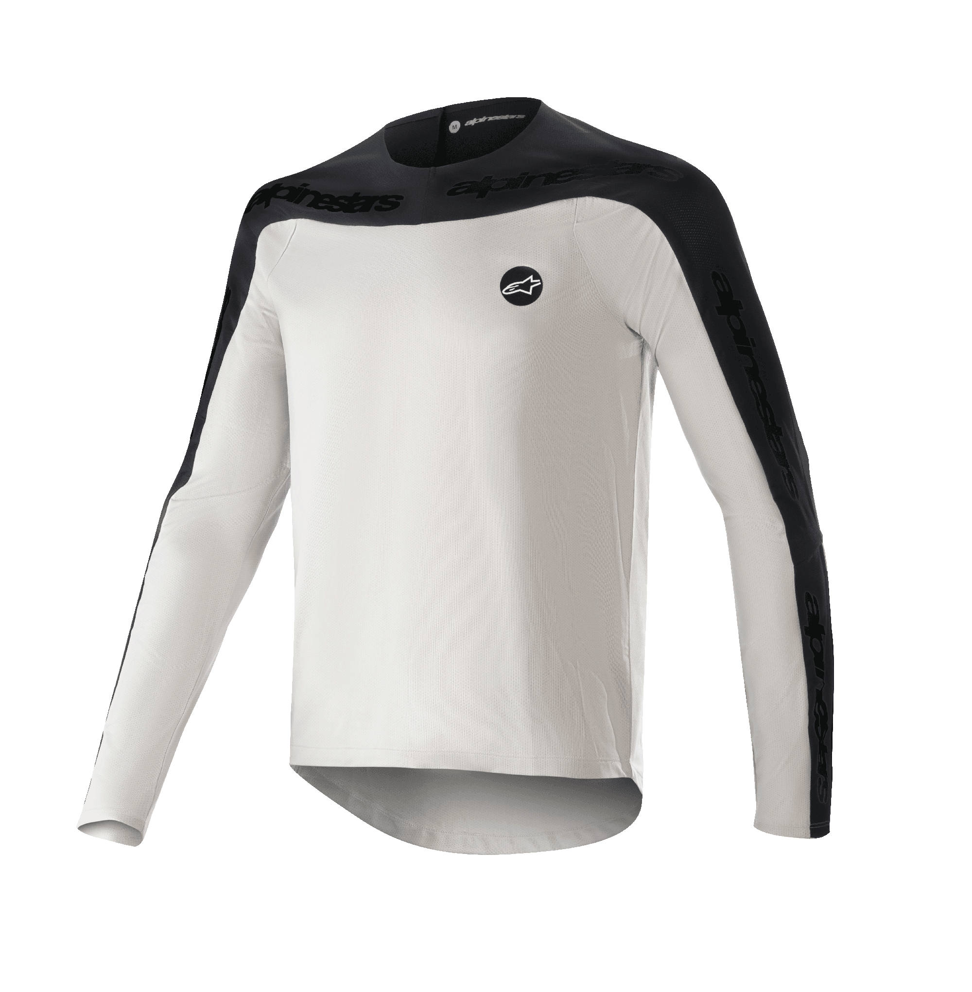 Alpinestars Drop Meta långärmad tröja, MTB-tröja, ljusgrå och svart, med svart axelok och yttre ärmpaneler med textlogotyp, förlängd nederkant baktill för täckning och rund logotyp på vänster bröst