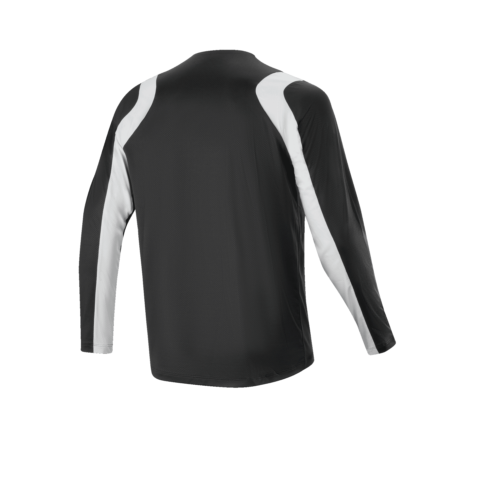 Alpinestars A-Supra Oscar Jersey - Long Sleeve, Black, back view, featuring curved white panels on shoulders and sleeves, lightweight and breathable MTB cycling apparel