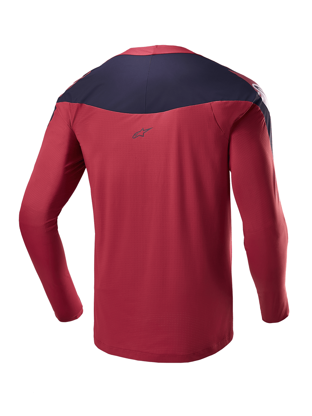 Alpinestars A-Supra Race Jersey - Långärmad, burgundy och marinblå, baksida som visar tekniskt mikroperforerat tyg, mörk axelpanel med logotyp, prestanda MTB-utrustning