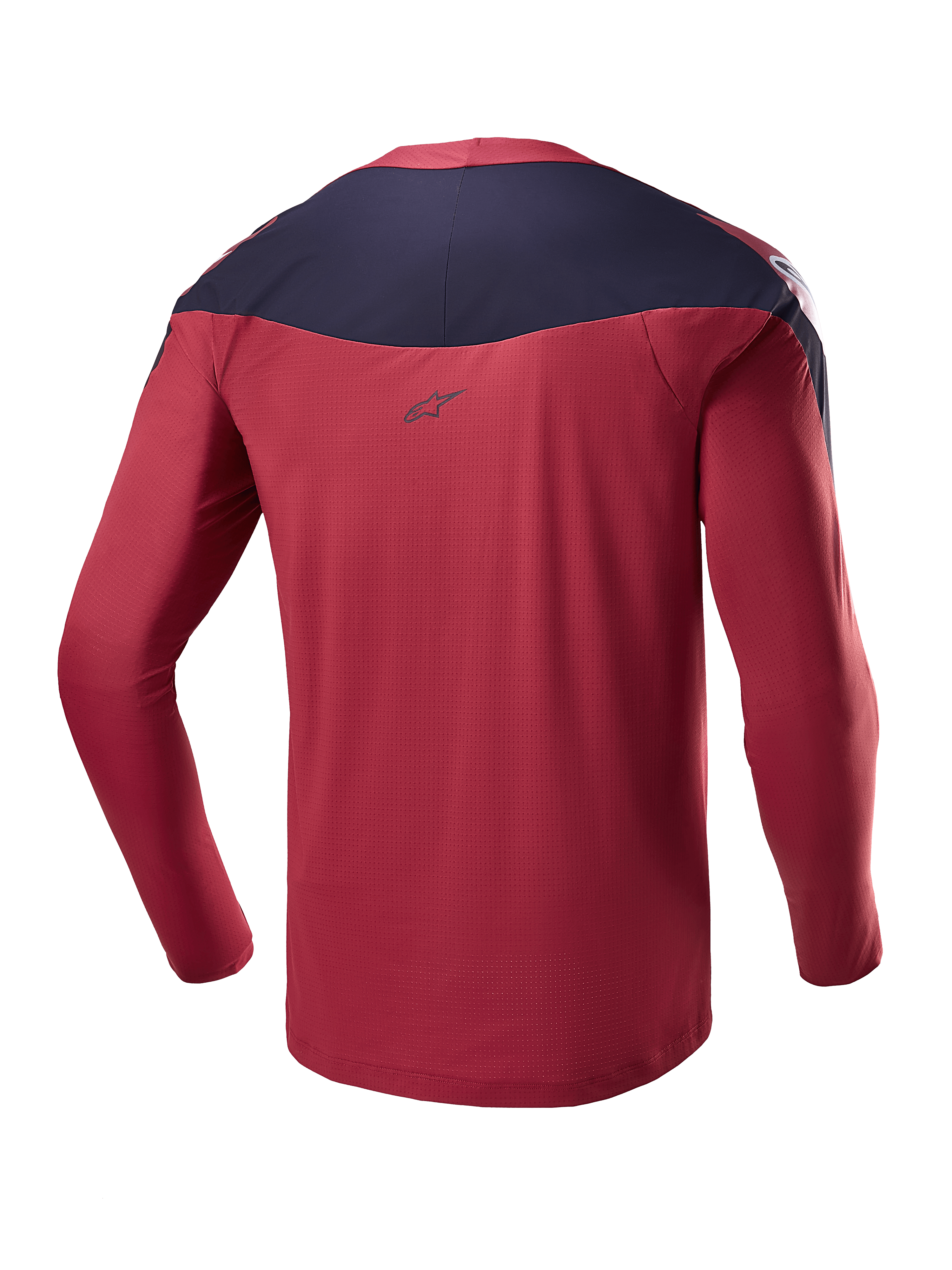 Alpinestars A-Supra Race Jersey - Långärmad, burgundy och marinblå, baksida som visar tekniskt mikroperforerat tyg, mörk axelpanel med logotyp, prestanda MTB-utrustning
