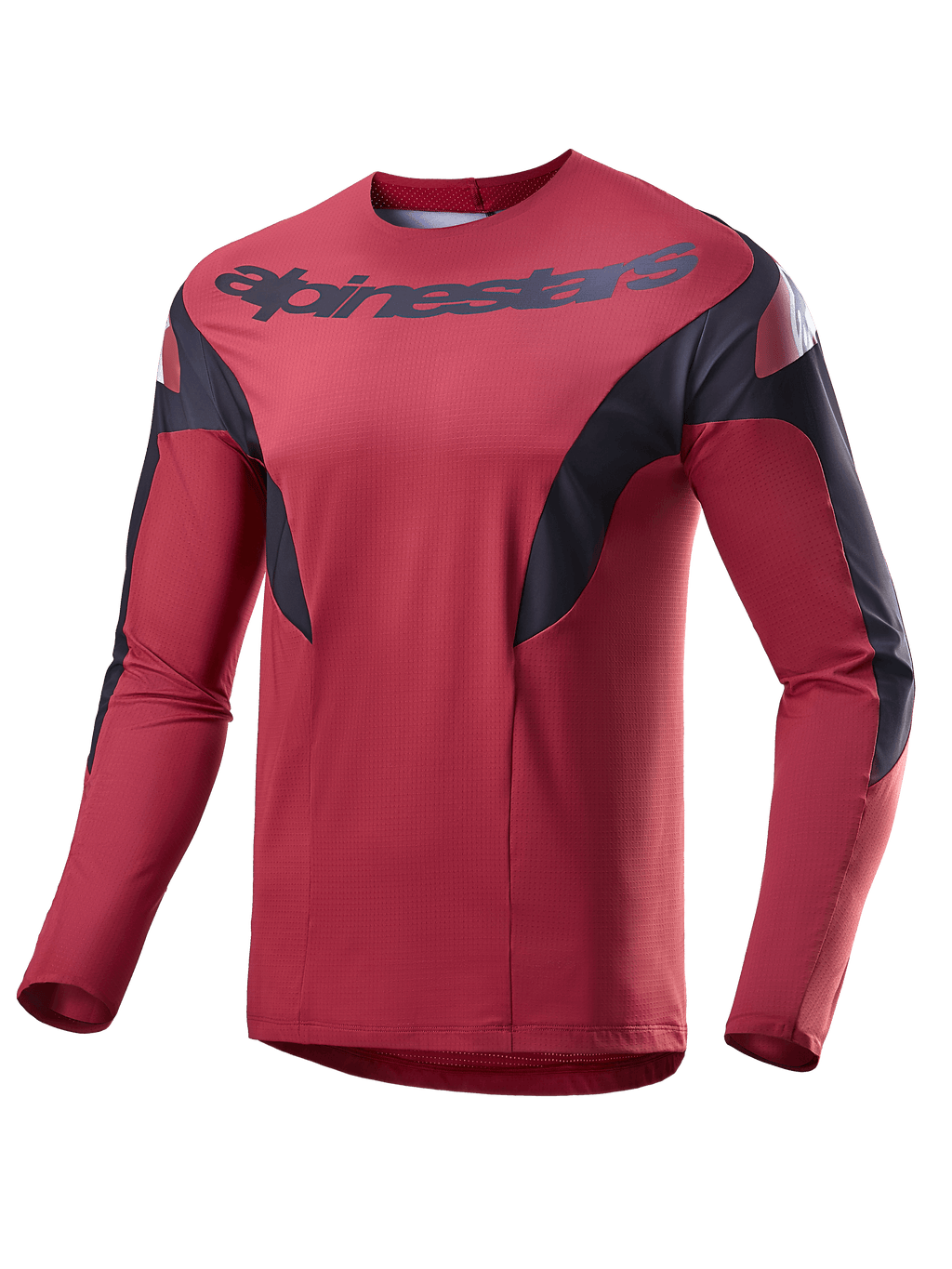 Alpinestars A-Supra Race Jersey, långärmad MTB-tröja, vinröd med svarta sidopaneler och vita detaljer, med Alpinestars logotyp över bröstet, lätt mikroperforerat tyg för mountainbike-tävlingar.