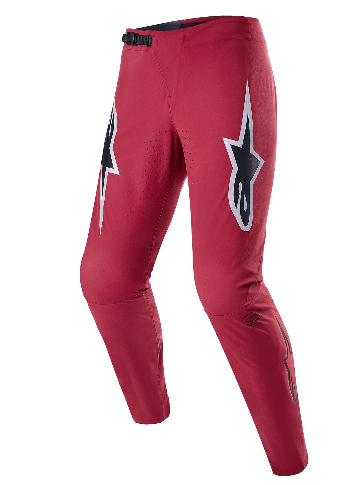 Alpinestars A-Supra Race Pants, MTB-racingbyxor, vinröda med stora vita och svarta stjärnlogotyper på låren, laserperforerad ventilation, svart ratchet-spänne i midjan, avsmalnande prestandapassform för mountainbike