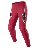 Alpinestars A-Supra Race Pants, MTB-racingbyxor, vinröda med stora vita och svarta stjärnlogotyper på låren, laserperforerad ventilation, svart ratchet-spänne i midjan, avsmalnande prestandapassform för mountainbike