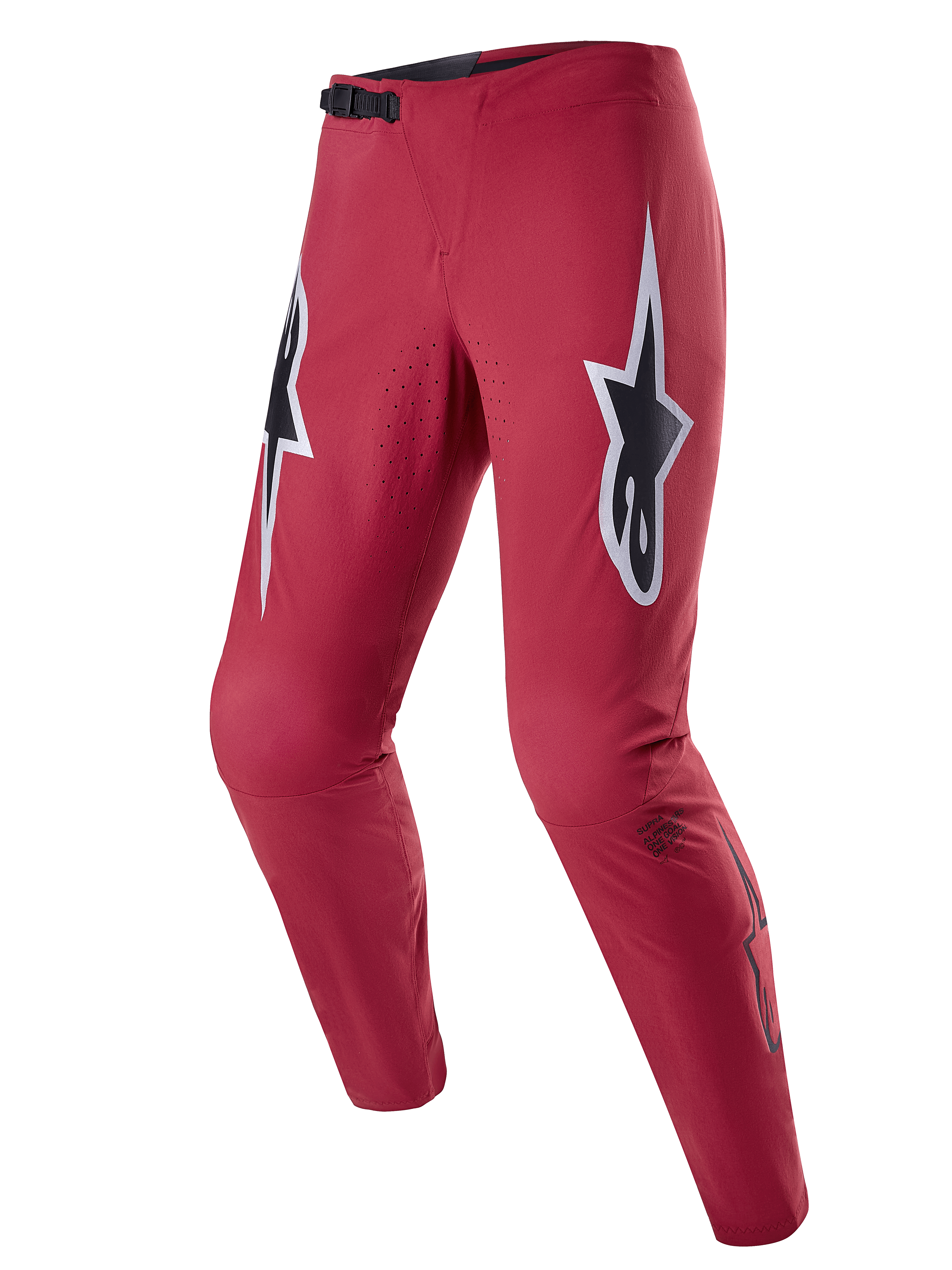 Alpinestars A-Supra Race Pants, MTB-racingbyxor, vinröda med stora vita och svarta stjärnlogotyper på låren, laserperforerad ventilation, svart ratchet-spänne i midjan, avsmalnande prestandapassform för mountainbike