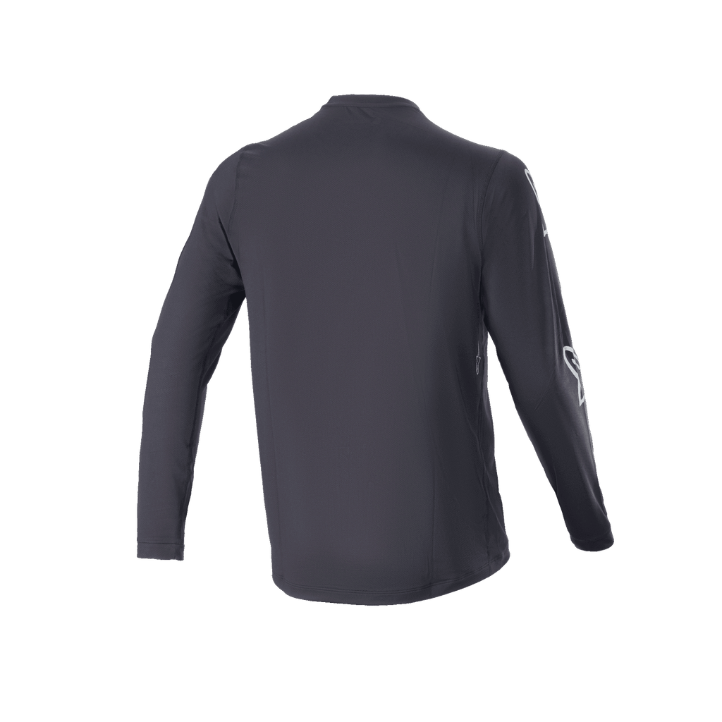 Alpinestars A-Dura Switch långärmad tröja, svart, vy bakifrån, visar förlängt bakstycke och diskret logotyp på ärmen, lätt MTB-tröja för stigcykling