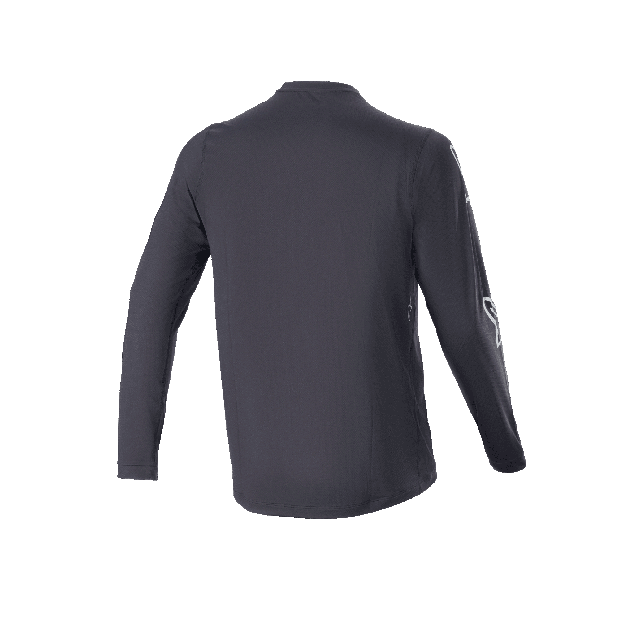 Alpinestars A-Dura Switch långärmad tröja, svart, vy bakifrån, visar förlängt bakstycke och diskret logotyp på ärmen, lätt MTB-tröja för stigcykling