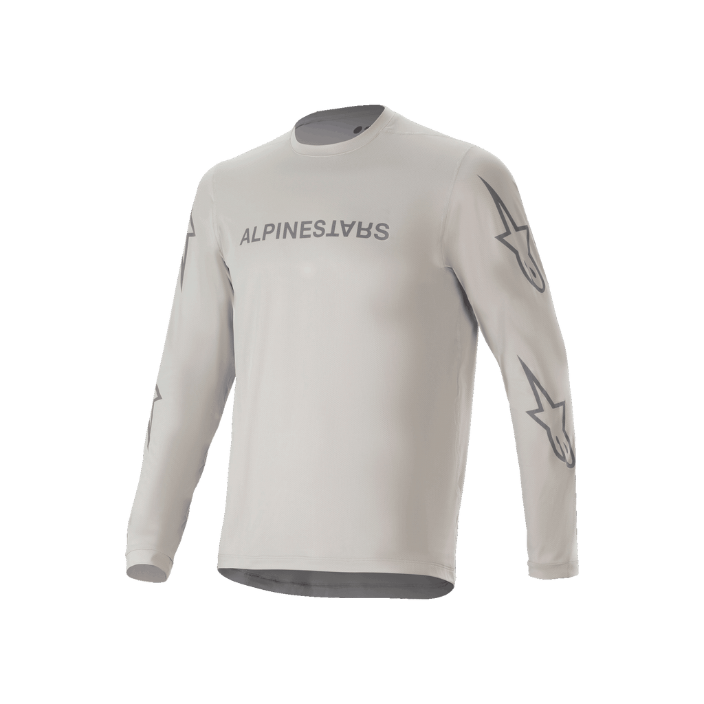 Alpinestars A-Dura Switch långärmad tröja, ljusgrå mountainbiketröja med logotyp på bröstet och stjärnlogotyper på ärmarna, funktionella cykelkläder för stigcykling