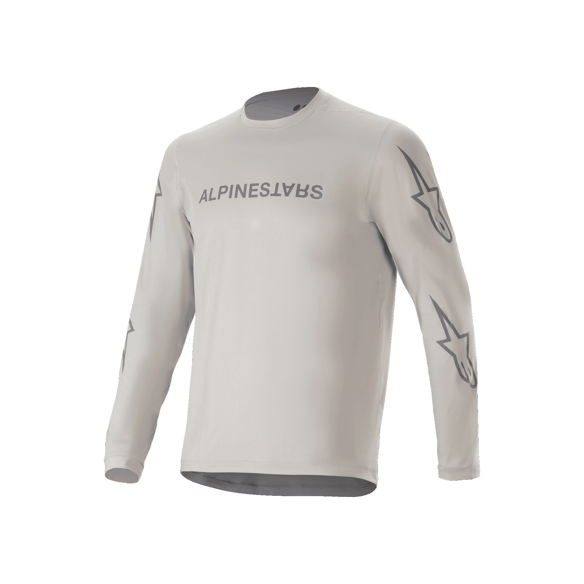 Alpinestars A-Dura Switch långärmad tröja, ljusgrå mountainbiketröja med logotyp på bröstet och stjärnlogotyper på ärmarna, funktionella cykelkläder för stigcykling