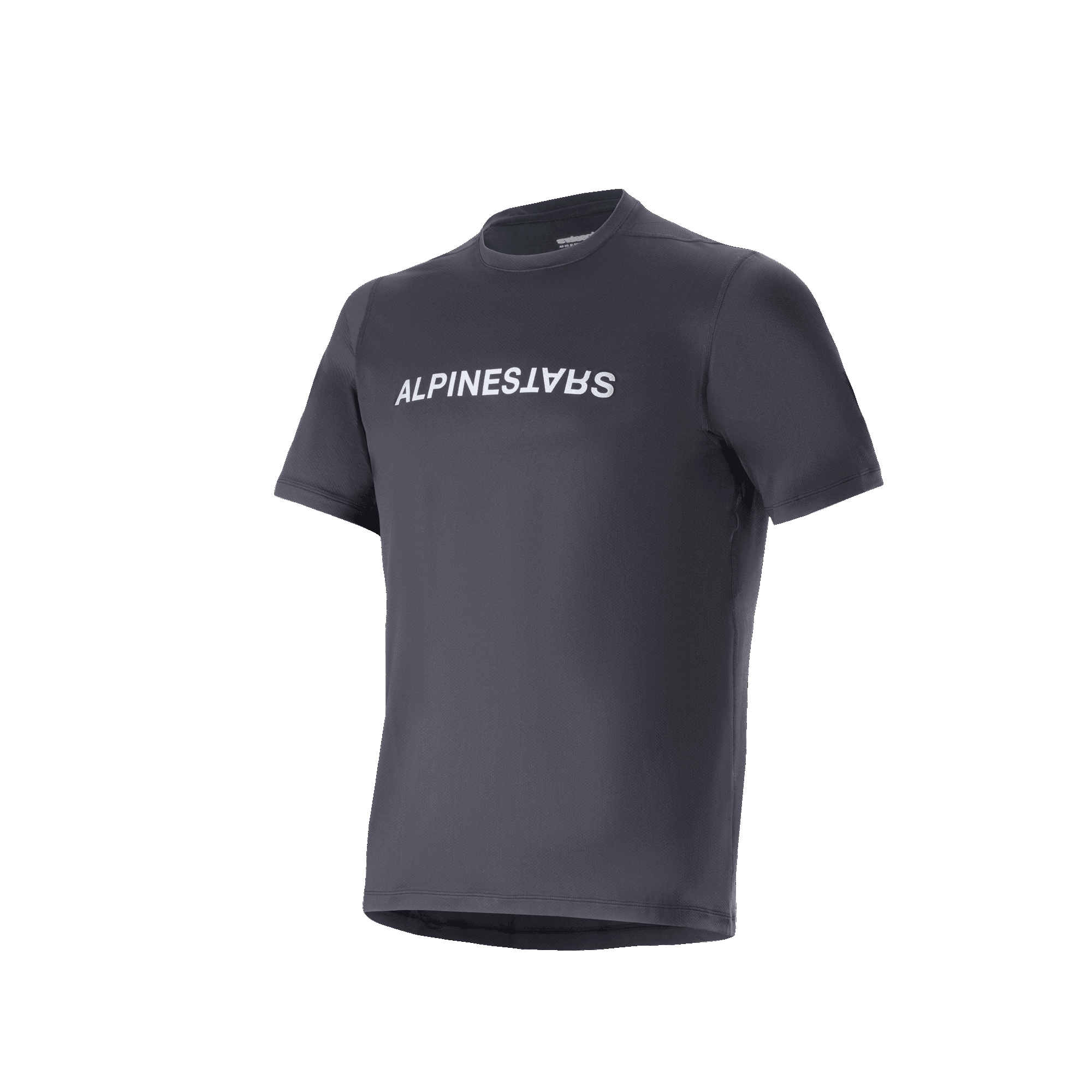 Alpinestars A-Dura Switch kortärmad tröja, svart, med vit Alpinestars-text på bröstet, lätt fukttransporterande jacquardtyg, funktionella fritidskläder för mountainbike