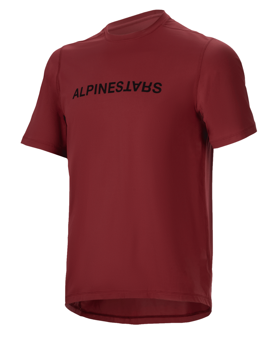 Alpinestars A-Dura Switch tröja, kortärmad MTB-tröja, burgundy, svart ordmärkeslogotyp på bröstet, lätt fukttransporterande material, rund hals och förlängt ryggslut, designad för terrängcykling