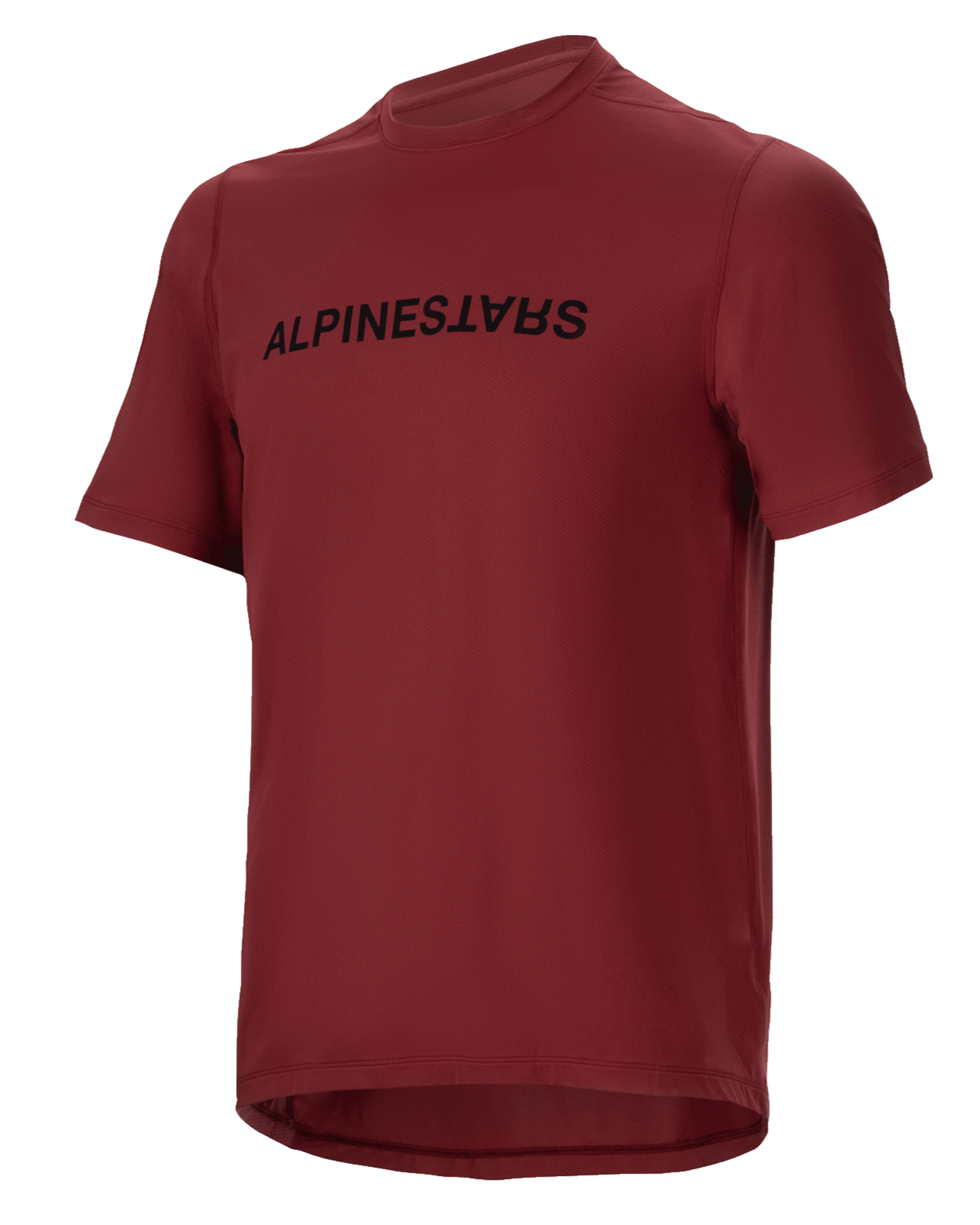 Alpinestars A-Dura Switch tröja, kortärmad MTB-tröja, burgundy, svart ordmärkeslogotyp på bröstet, lätt fukttransporterande material, rund hals och förlängt ryggslut, designad för terrängcykling