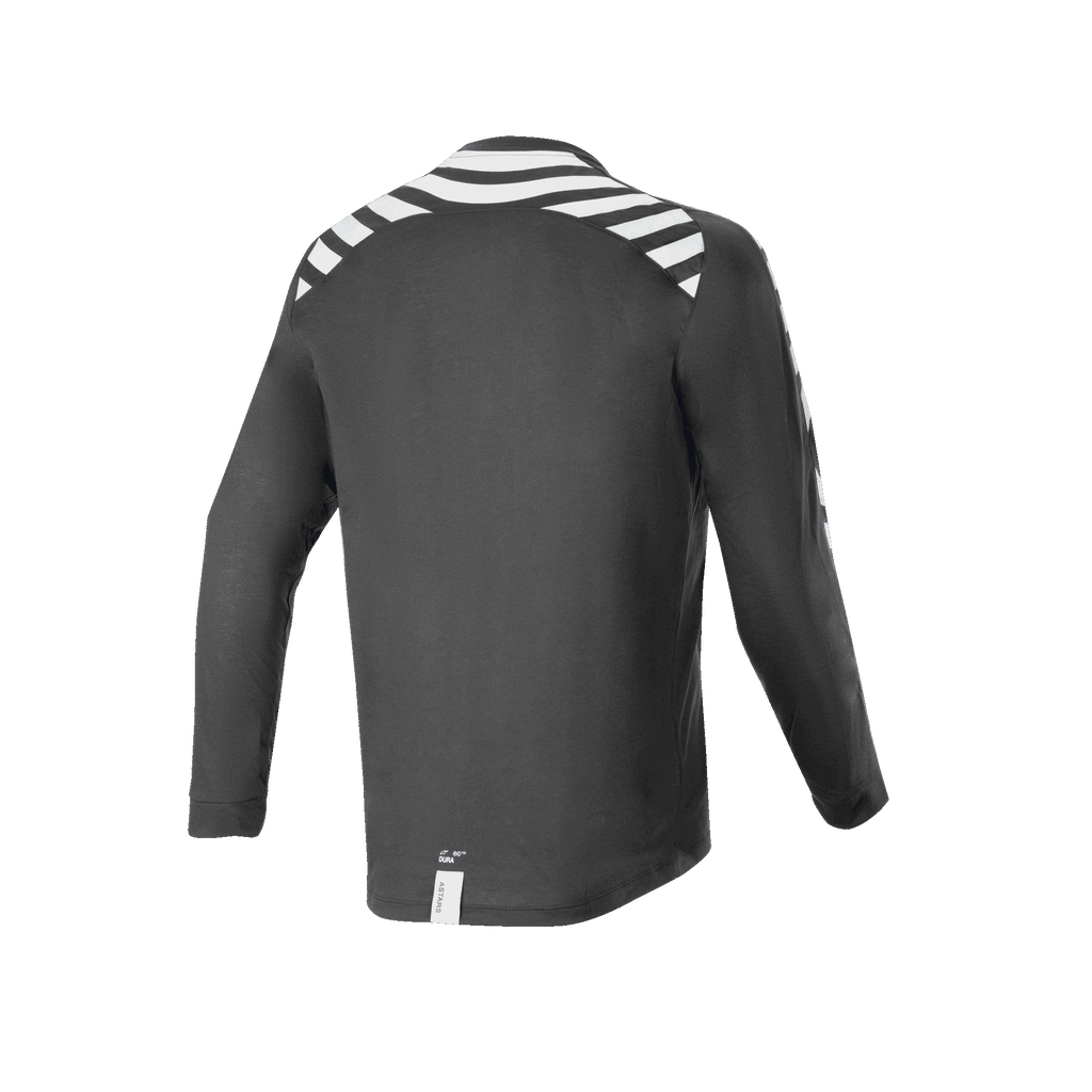 Alpinestars A-Dura Dri Oscar långärmad tröja, Black Reflective, vy bakifrån med vita reflekterande ränder på axlar och ärmar, tekniskt återvunnet drirelease-tyg, förlängt ryggslut för terrängcykling