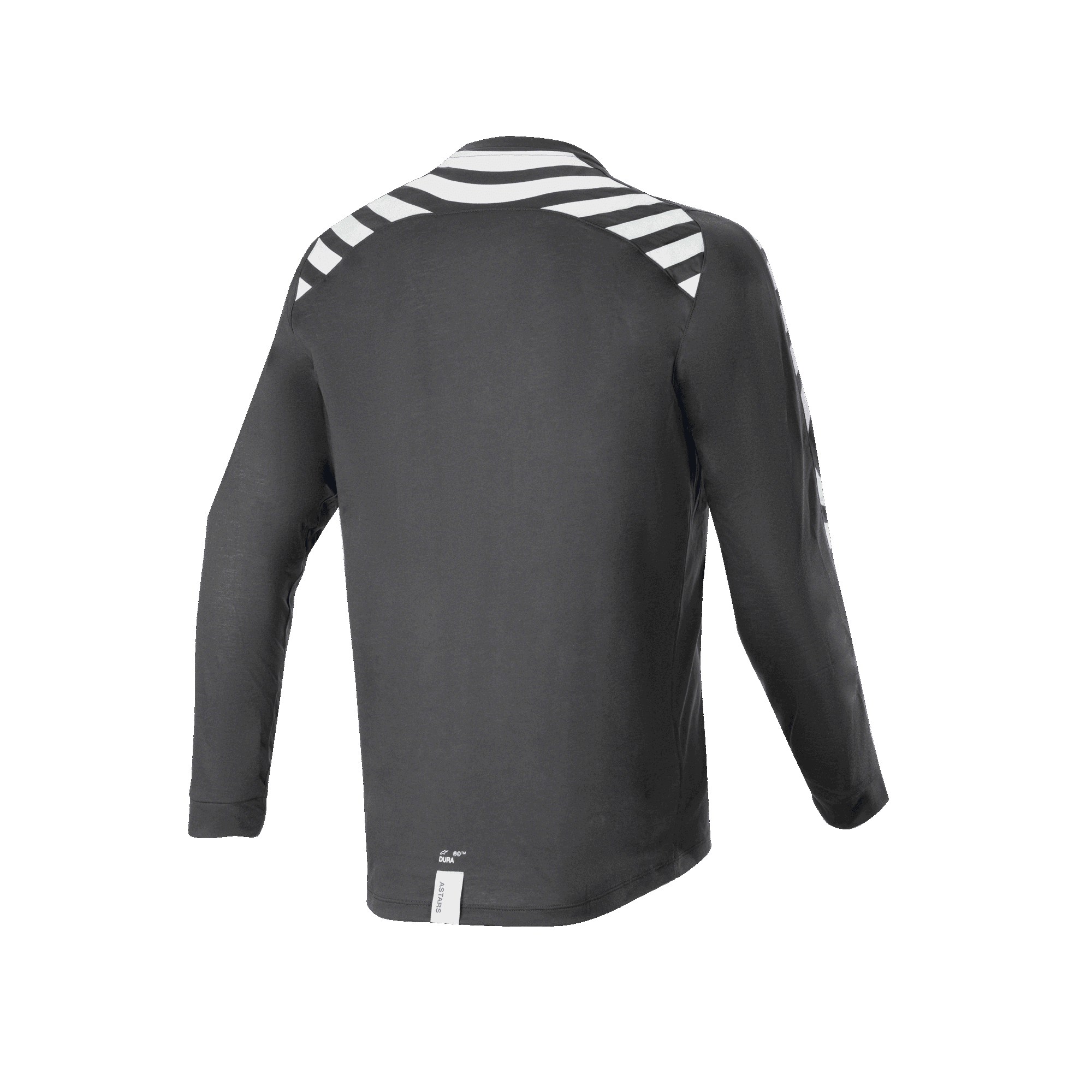 Alpinestars A-Dura Dri Oscar långärmad tröja, Black Reflective, vy bakifrån med vita reflekterande ränder på axlar och ärmar, tekniskt återvunnet drirelease-tyg, förlängt ryggslut för terrängcykling