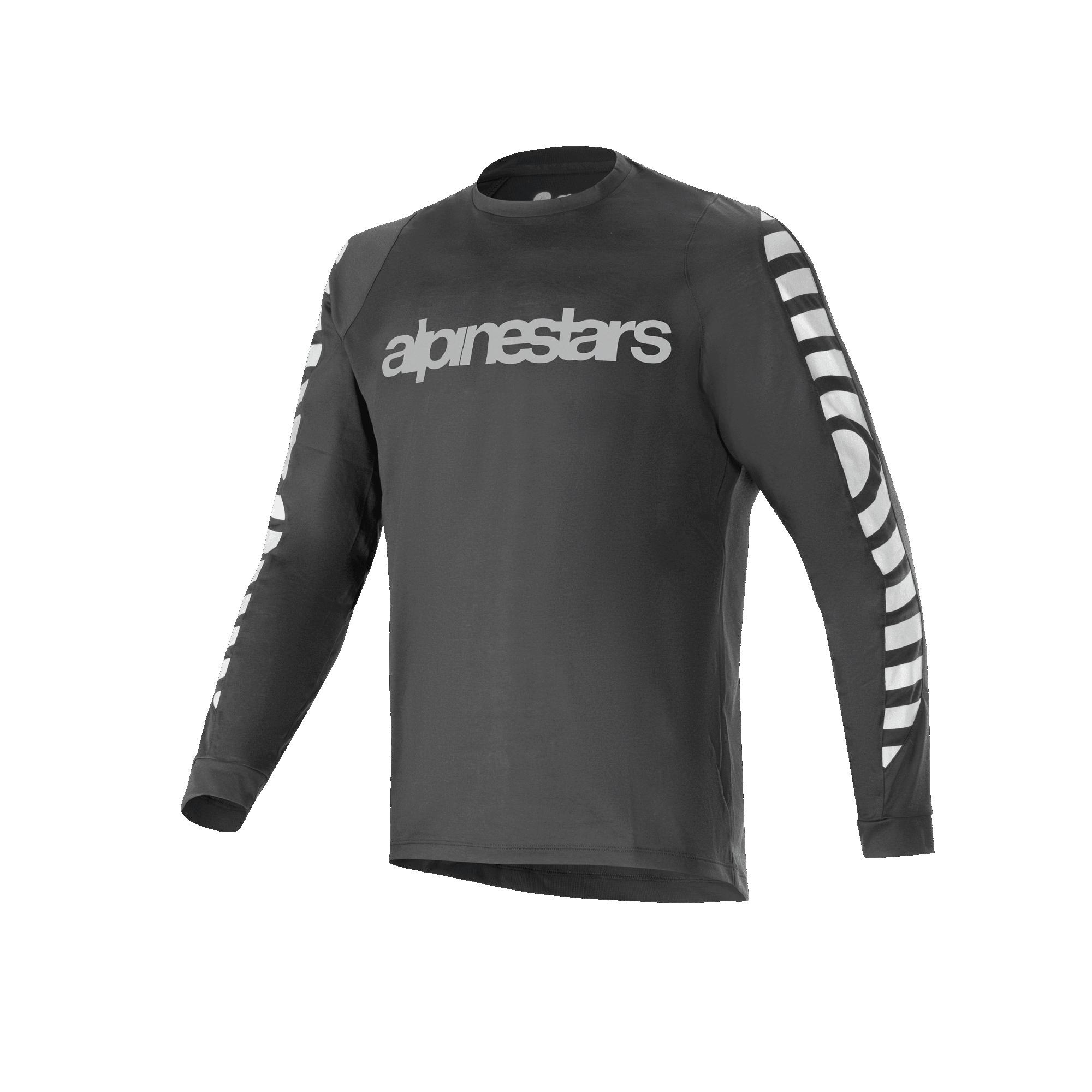 Alpinestars A-Dura Dri Oscar långärmad tröja, cykeltröja, svart reflekterande, med en stor silverreflekterande textlogotyp på bröstet och grafiska mönster på ärmarna, tekniska funktionskläder för mountainbike