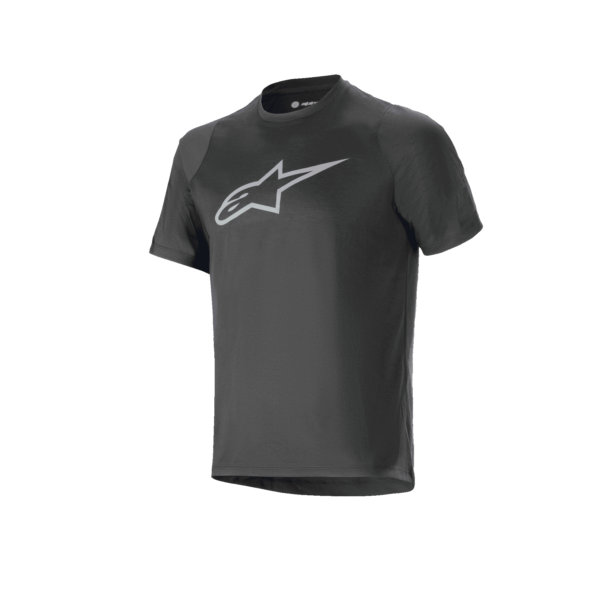 Alpinestars A-Dura Dri Oscar-tröja - kortärmad, svart reflekterande, med en stor silverreflekterande Alpinestars-logotyp på bröstet, teknisk mountainbike-tröja med normal passform