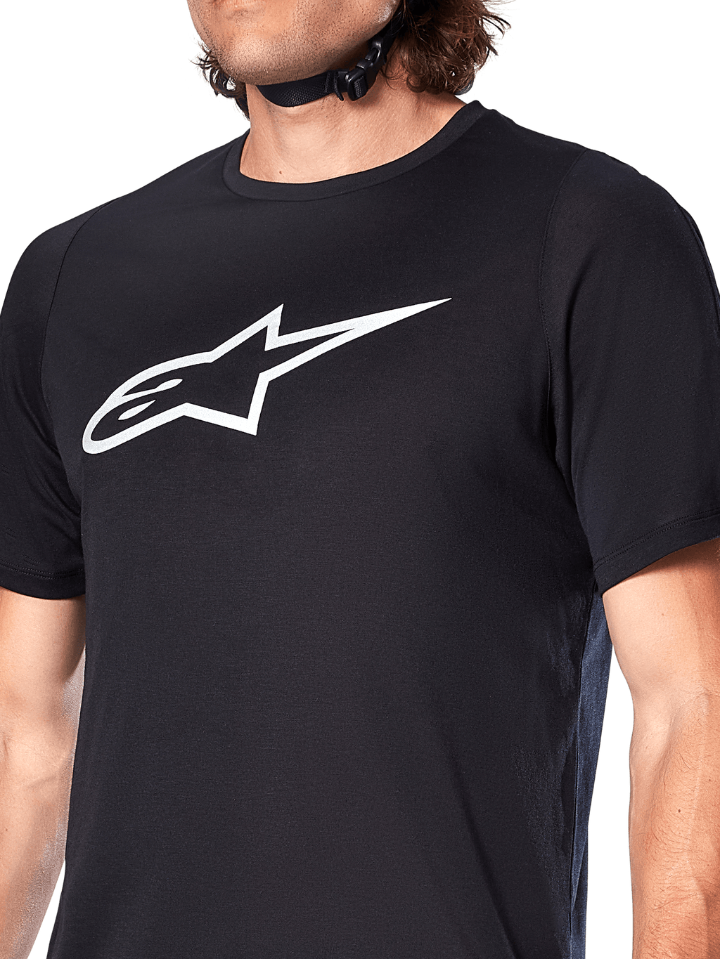 Alpinestars A-Dura Dri Oscar-tröja, kortärmad MTB-tröja, svart reflekterande, med en stor vit Alpinestars-logotyp på bröstet, tekniskt fuktavledande material för mountainbike