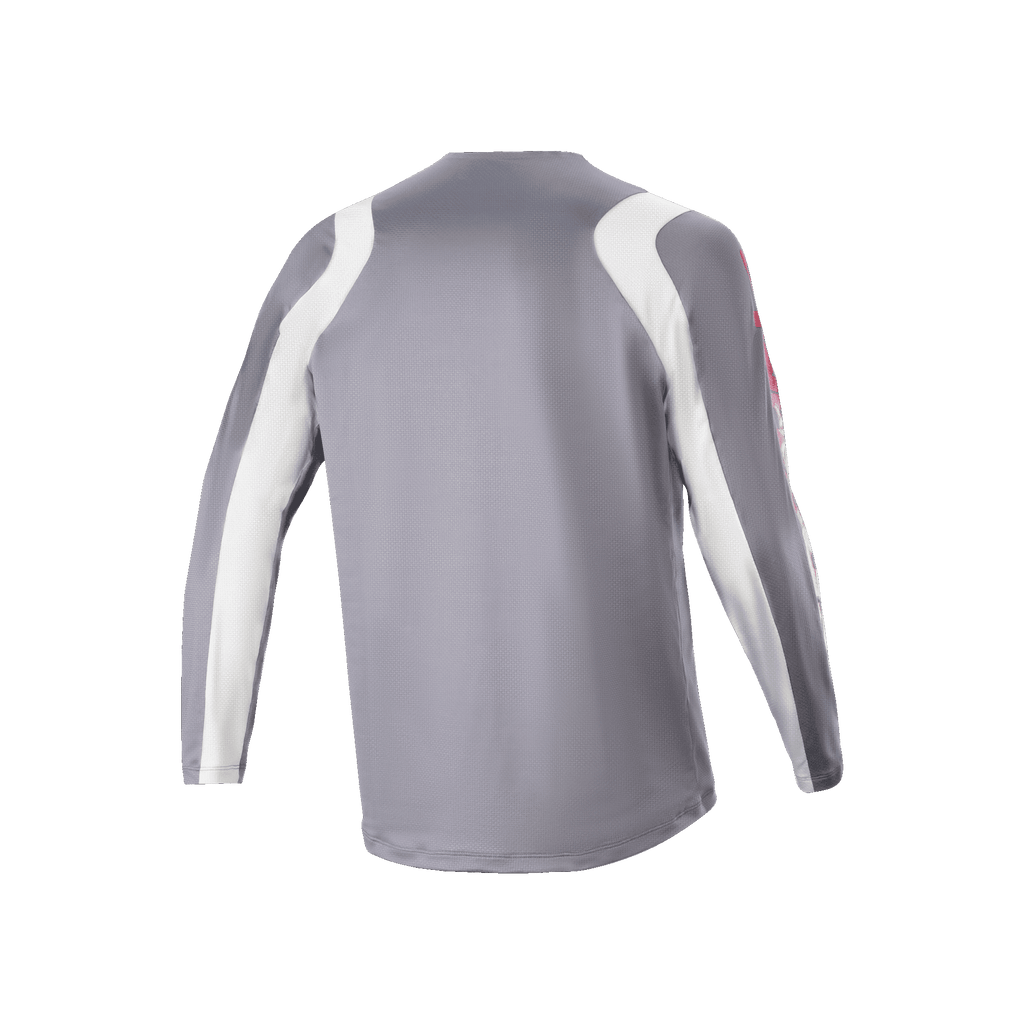 Alpinestars A-Supra Astar långärmad tröja, mörkgrå och vit, vy bakifrån som visar ventilerad mesh-struktur och förlängt bakstycke, teknisk cykelutrustning för MTB